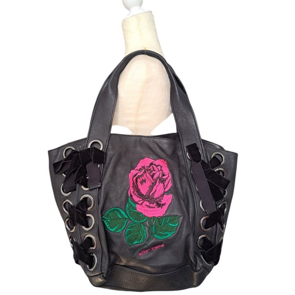 Betsey Johnson Women's Rose Black Embroidered Leather Corset Tote